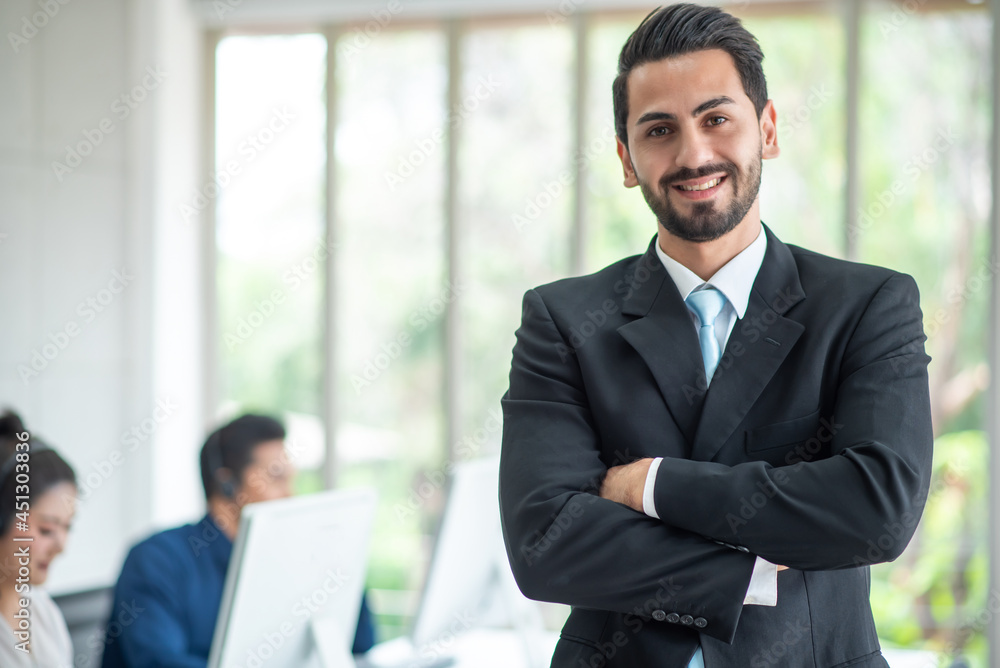 Boss or manager stand and happy ,background customer service or telemarketing Boss or manager stand and happy ,background customer service or telemarketing