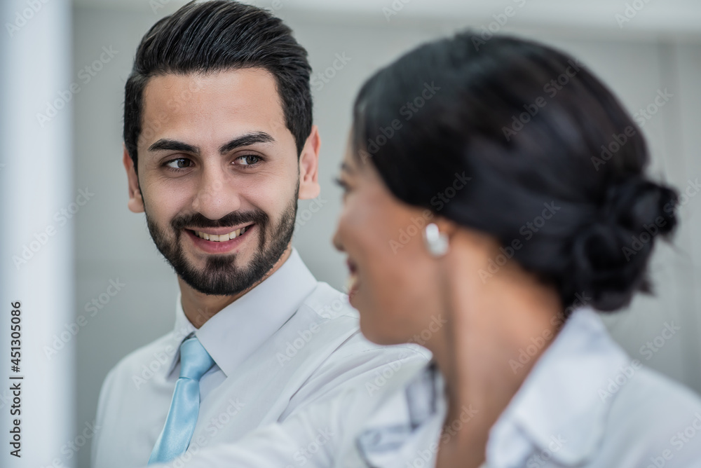 business man smile to business woman brianstroming and discuss after meeting business man smile to business woman brianstroming and discuss after meeting