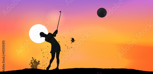 Silhouette female golfer playing golf with splashed dust at sunset. 