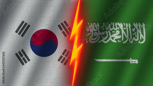 Saudi Arabia and South Korea Flags Together, Wavy Fabric Texture Effect, Neon Glow Effect, Shining Thunder Icon, Crisis Concept, 3D Illustration