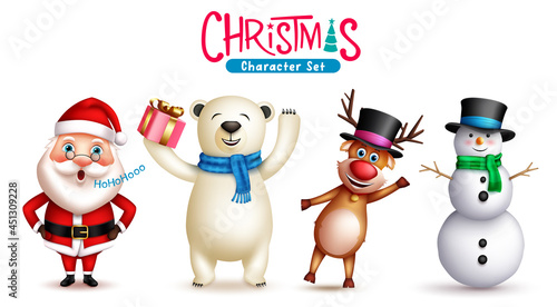 Christmas character vector set. Santa claus, snowman, reindeer and polar bear christmas characters isolated in white background for xmas graphic design collection. Vector illustration
