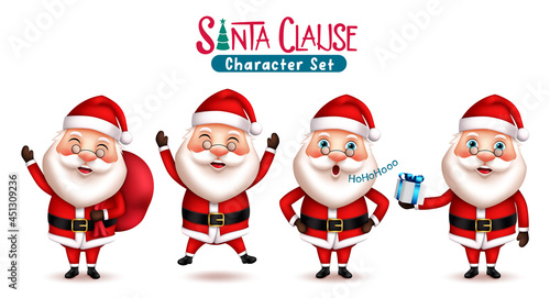 Santa claus christmas character vector set. Santa claus in 3d characters giving gift, waving and laughing pose and gesture with smiling expression for xmas season collection. Vector illustration
