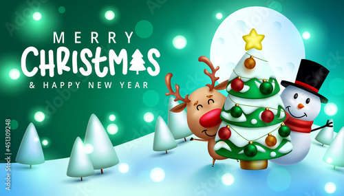 Merry christmas vector design. Merry christmas greeting text in snowy night background with waving snowman and reindeer characters for xmas celebration. Vector illustration
