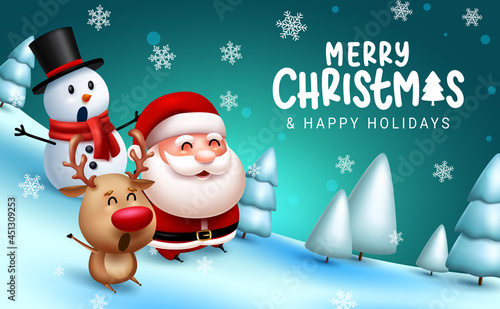 Christmas greeting vector design. Merry christmas text with cute santa claus, reindeer and snowman characters sliding in outdoor snow for fun xmas holiday. Vector illustration

