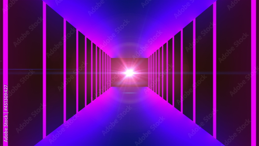Fast motion in modern neon tunnel, trip imitation, technology 3d rendering computer generated background