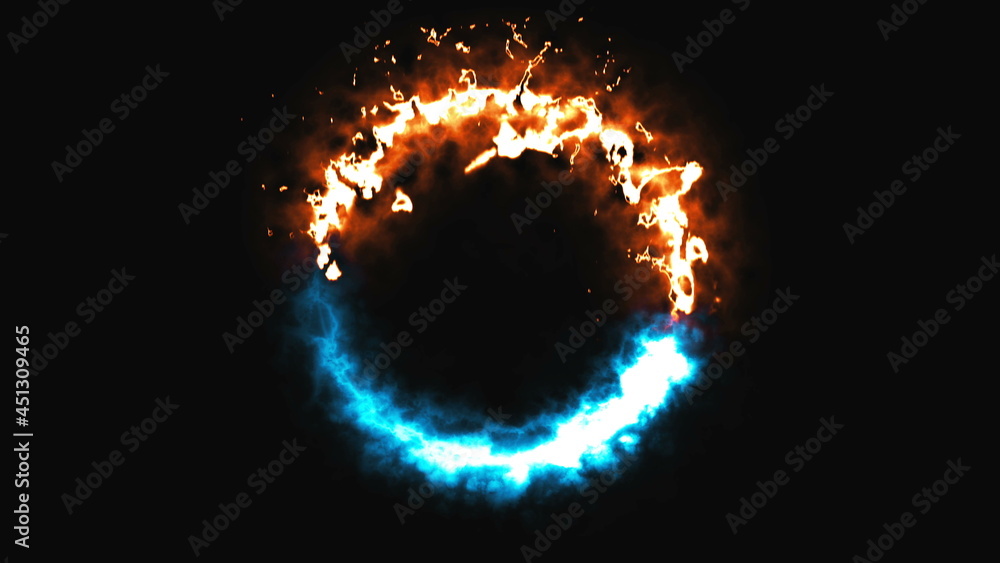 Bright dymanic fire and ice ring in space, this is opposite symbol, 3d rendering, computer generated background Bright dymanic fire and ice ring in space, this is opposite symbol, 3d rendering, computer generated background