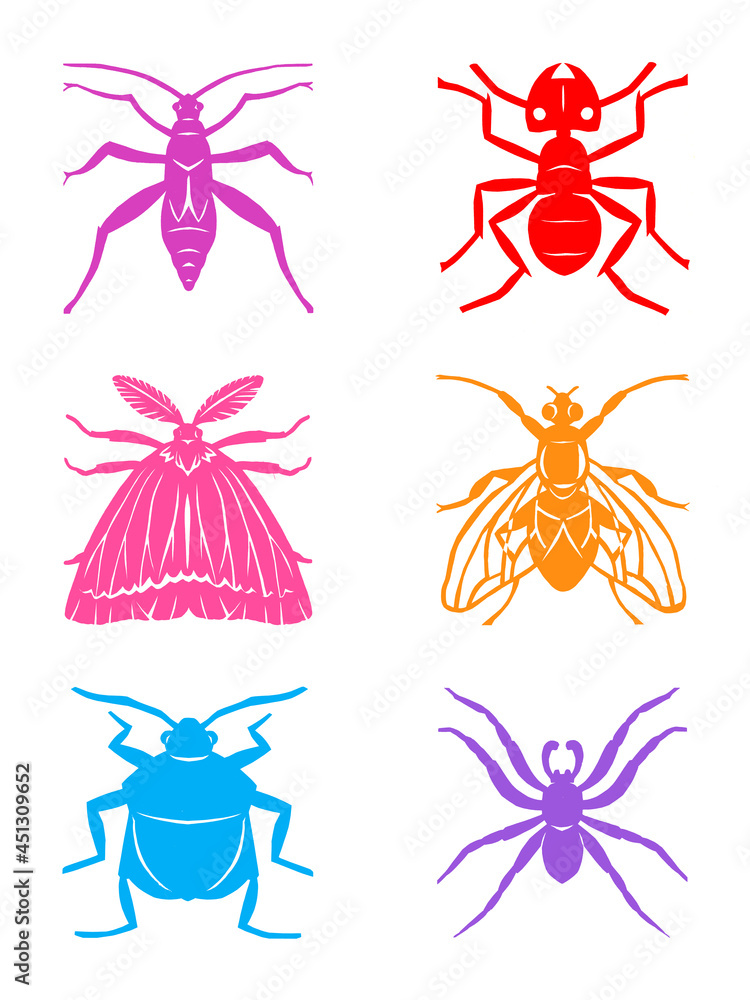 Cut paper bugs, insects, spider, grasshopper, ant, fly, moth, beetle