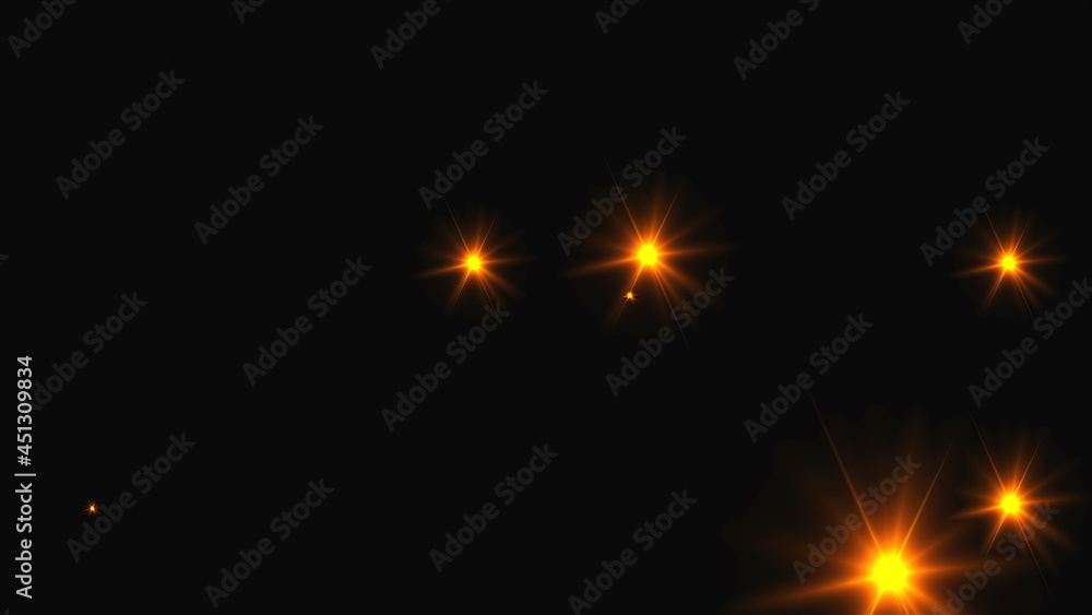 Gold bright flashes lights in darkness, 3d rendering computer generating backdrop, abstract background