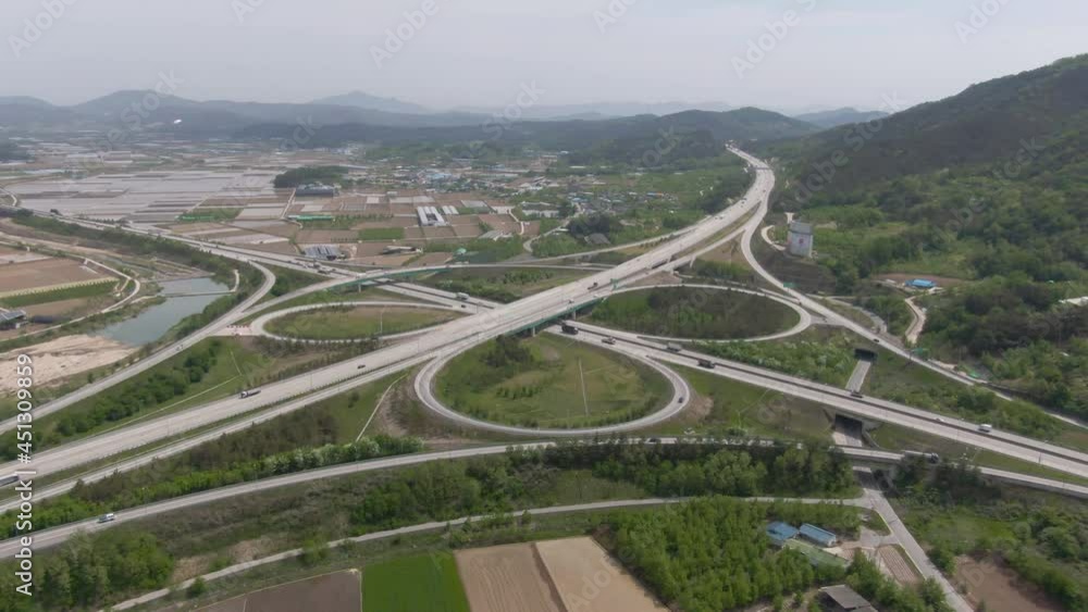 Aerial view on highway junction, Traffic of highways, Highway