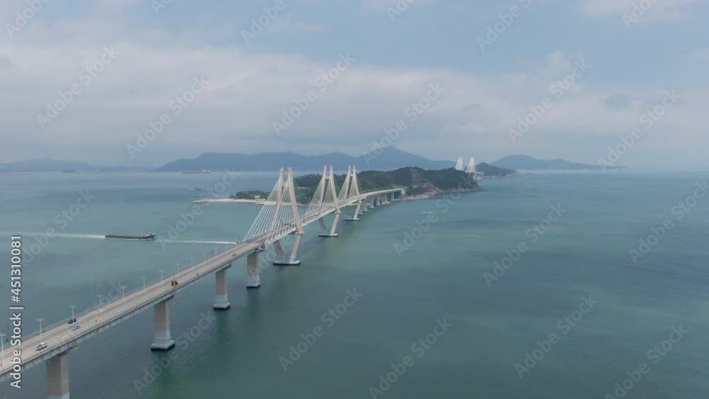 Aerial view of Geoga Bridge connecting Geoje Island and Gadeok Island, South Korea. May, 2021. Aerial view of Geoga Bridge connecting Geoje Island and Gadeok Island, South Korea. May, 2021.