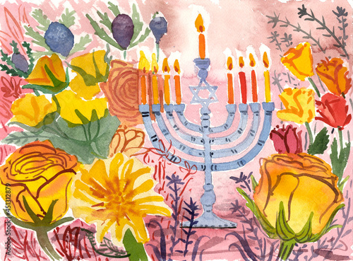 Chanukah Menorah with candles and flowers photo