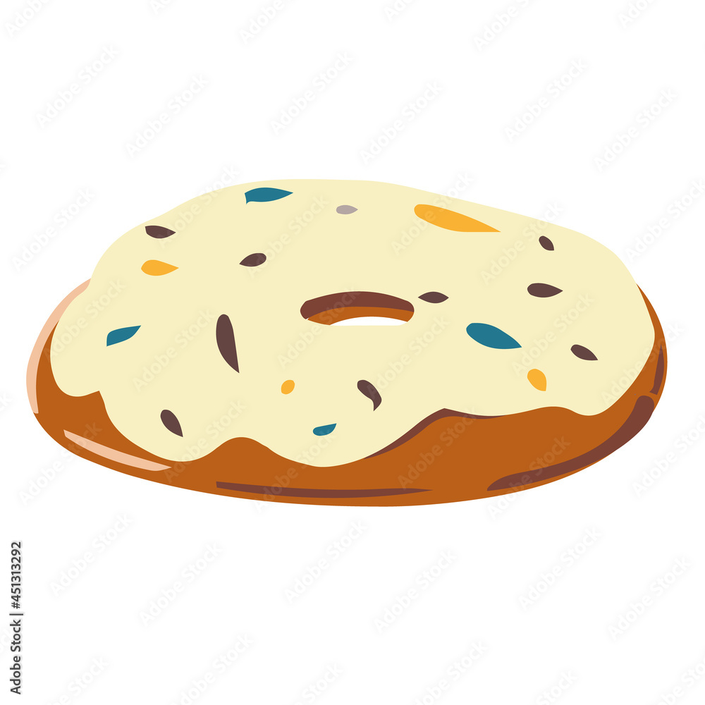 Donut with icing and chocolate chips, confectionery powder, bakery, chocolate bar, isolated pieces, milk and white chocolate. Cartoon illustration, modern design. Vector image, Print Donut with icing and chocolate chips, confectionery powder, bakery, chocolate bar, isolated pieces, milk and white chocolate. Cartoon illustration, modern design. Vector image, Print