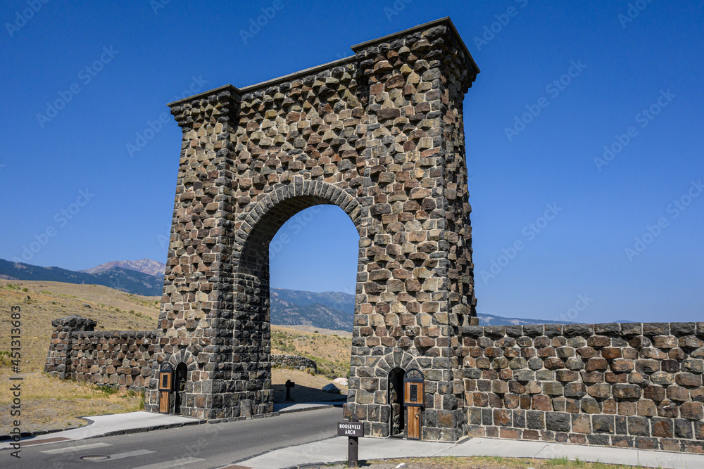 Roosevelt Arch on a bright sunny day, Yellowstone National Park, USA
