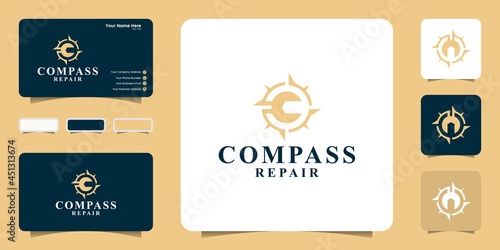 compass and workshop equipment logo design inspiration, pass keys and business card inspiration