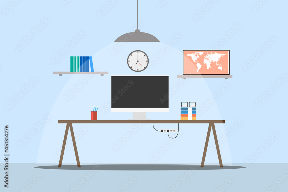 Fototapeta premium Flat design vector illustration of modern office interior office workspace.