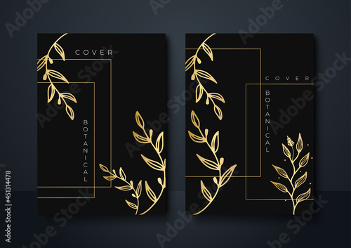 Vector vertical wedding invitation cards set with black and gold tropical leaves on dark background. Luxury exotic botanical design for wedding ceremony. Can be used for cosmetics, spa, beauty salon