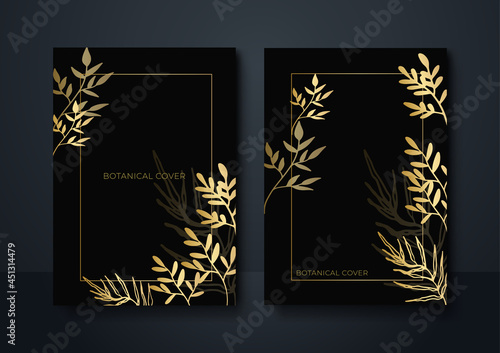 Vector vertical wedding invitation cards set with black and gold tropical leaves on dark background. Luxury exotic botanical design for wedding ceremony. Can be used for cosmetics, spa, beauty salon
