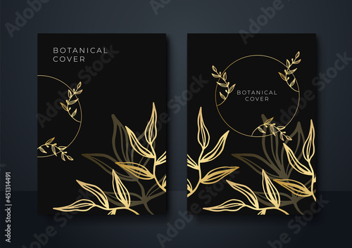 Vector vertical wedding invitation cards set with black and gold tropical leaves on dark background. Luxury exotic botanical design for wedding ceremony. Can be used for cosmetics, spa, beauty salon