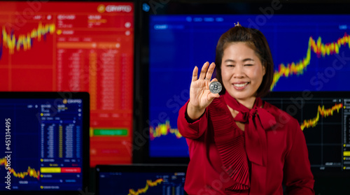Asian female successful professional broker trader investor stand smile crossed arm show thumb up look at camera in front computer screen with stock and bitcoin cryptocurrency graph chart analysis