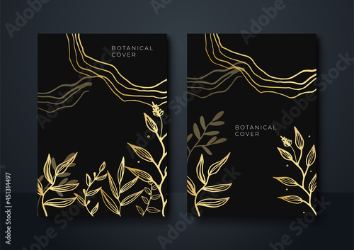 Vector vertical wedding invitation cards set with black and gold tropical leaves on dark background. Luxury exotic botanical design for wedding ceremony. Can be used for cosmetics, spa, beauty salon