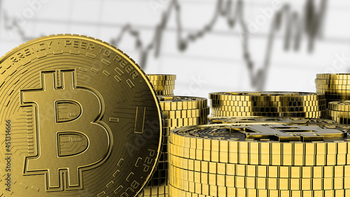 Golden and stacked coins, with a white background and a graph that represents the rise and fall of their price.