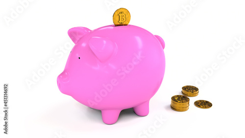 Coin entering a pink pig piggy bank on white isolated background