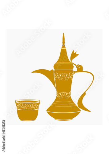Editable Side View Traditional Arabic Coffee with Dallah Pot and Finjan Demitasse Cup Vector Illustration in Flat Monochrome Style for Cafe Related Design or Arab History and Tradition Culture