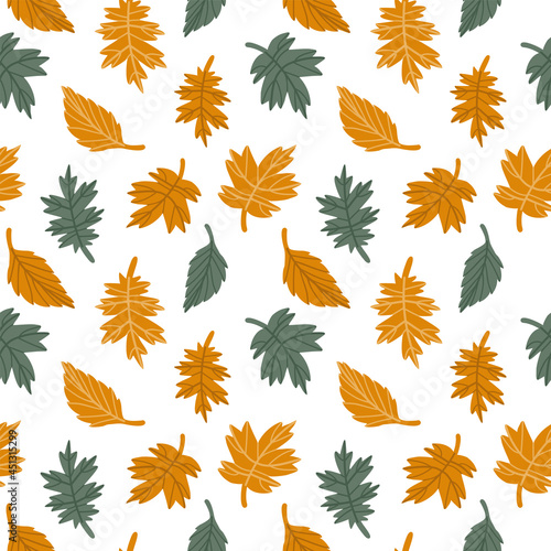 Vector seamless pattern with leaves. Hand drawn illustration. The print is used for Wallpaper design, fabric, textile, packaging. Autumn time.