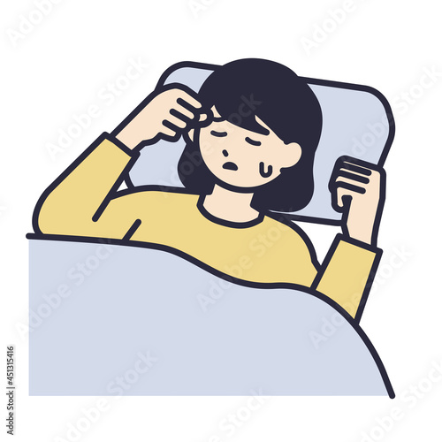 寝苦しさを感じている女性のイラスト素材