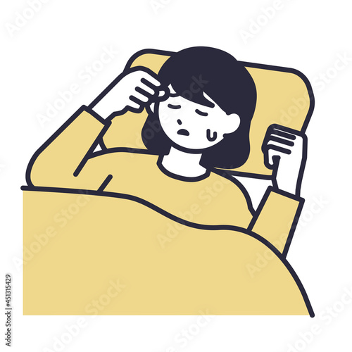 寝苦しさを感じている女性のイラスト素材