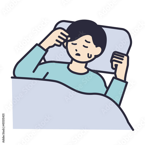 寝苦しさを感じている男性のイラスト素材