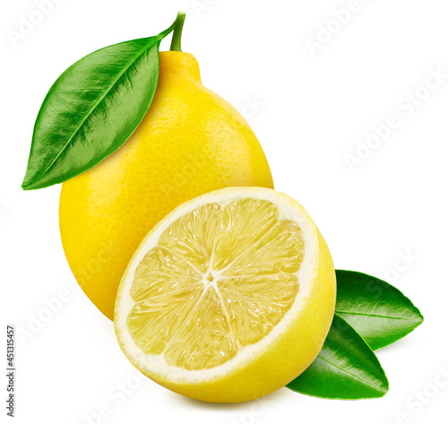 One lemon and a half lemon fruits isolated on white background. Isolated cut lemons. Lemon with clipping path