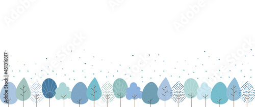 Illustration of a winter landscape with many different kinds of trees.