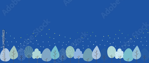 Illustration of a winter landscape with many different kinds of trees.(With blue background)