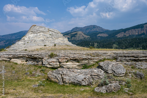 Soda Butte, travertine cone in a sunny landscape, Yellowstone National Park, USA 