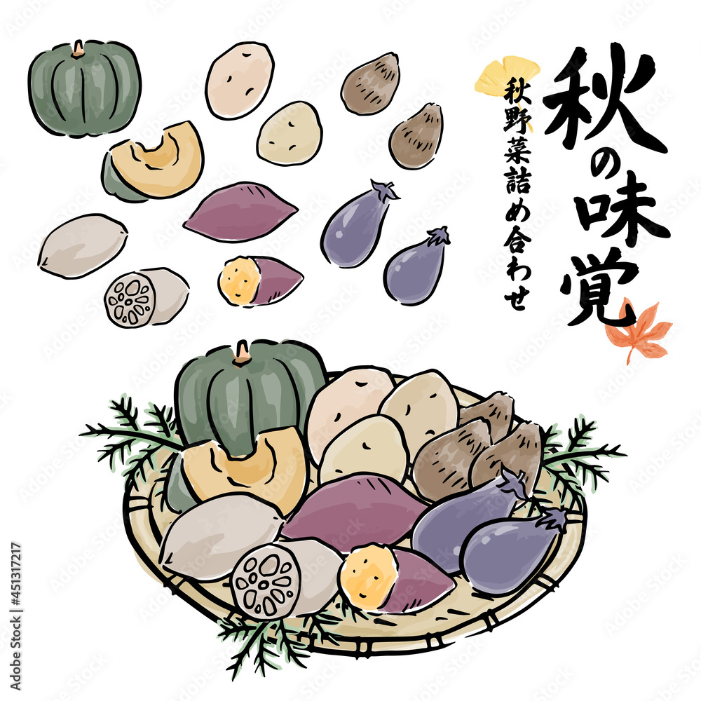 秋の味覚 旬の野菜の和風手描きベクターイラスト 筆文字セット Stock Vector Adobe Stock