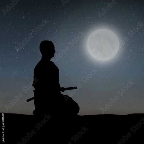 Japanese Swordsman Sitting In Meditation Under The Moonlight