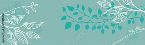 Leaves plants and flowers in white outline or minimal silhouette design, blue green spring background vector, abstract floral wedding announcement or invitation, beautiful garden banner pattern