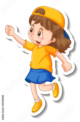Sticker template with a girl in standing posing cartoon character isolated