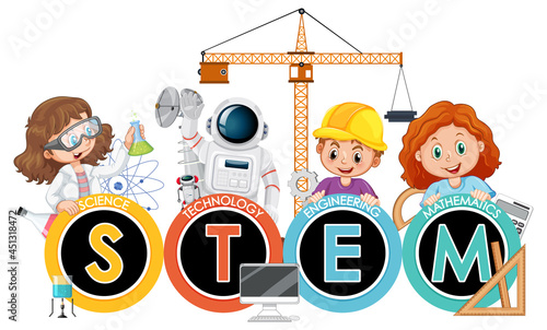 STEM education logo banner with kids cartoon character