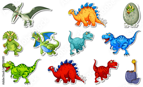 Sticker set with different types of dinosaurs cartoon characters