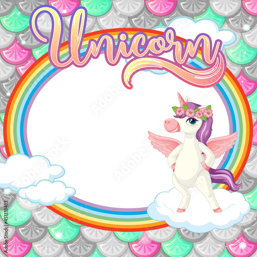 Oval frame template on colorful fish scales background with unicorn cartoon character