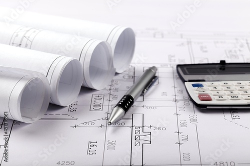 Pen and Calculator on Blueprints