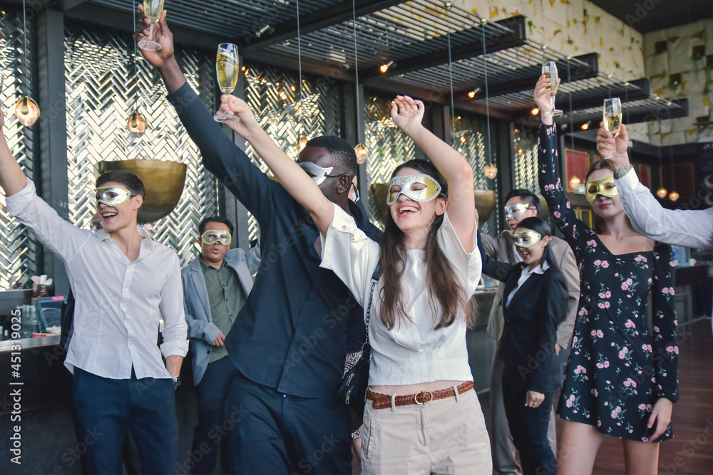 Group people in mask party and happy new year party, Drinkers celebrate at parties