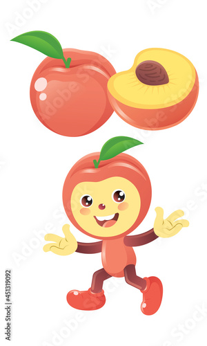 Peach vector with sliced and cute fruit character