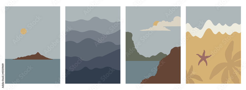 Abstract backgrounds landscapes set. Collection of posters for print, social media, postcard, wallpaper. Flat design