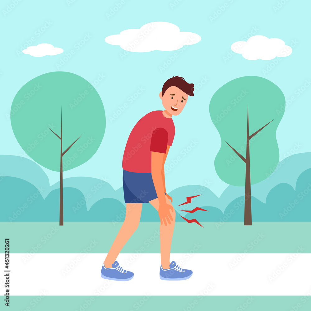 Man feel leg pain when jogging exercise in a park in flat design. Muscle or bone problem.