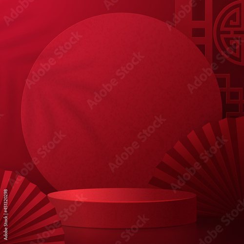 3d Podium round, square box stage podium and paper art Chinese new year,Chinese Festivals, Mid Autumn Festival, red paper cut, fan, flower and asian elements with craft style on background.