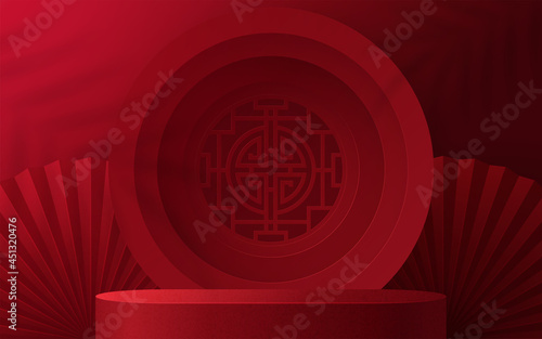 3d Podium round, square box stage podium and paper art Chinese new year,Chinese Festivals, Mid Autumn Festival, red paper cut, fan, flower and asian elements with craft style on background.