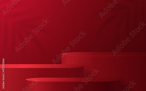 3d Podium round, square box stage podium and paper art Chinese new year,Chinese Festivals, Mid Autumn Festival, red paper cut, fan, flower and asian elements with craft style on background.